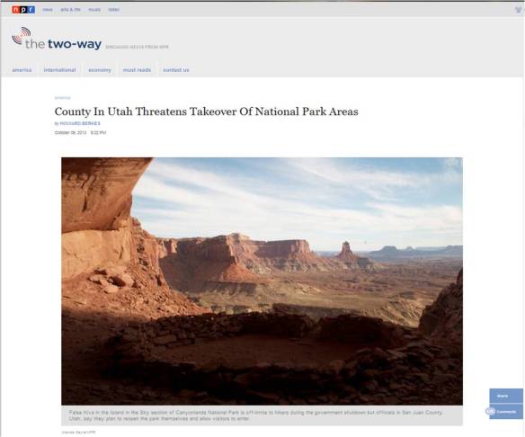 http://www.npr.org/blogs/thetwo-way/2013/10/09/231086726/county-in-utah-threatens-takeover-of-national-park-areas?utm_medium=Email&utm_campaign=20131013&utm_source=mostemailed